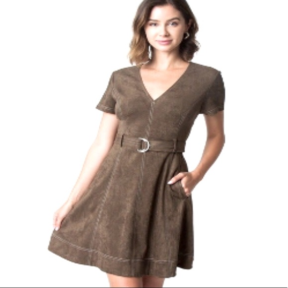 NWT SugarLips Olive Faux Suede Dress - Picture 4 of 12